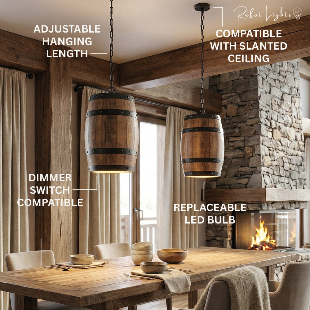 Natural Wood Wine Barrel Pendant Light
