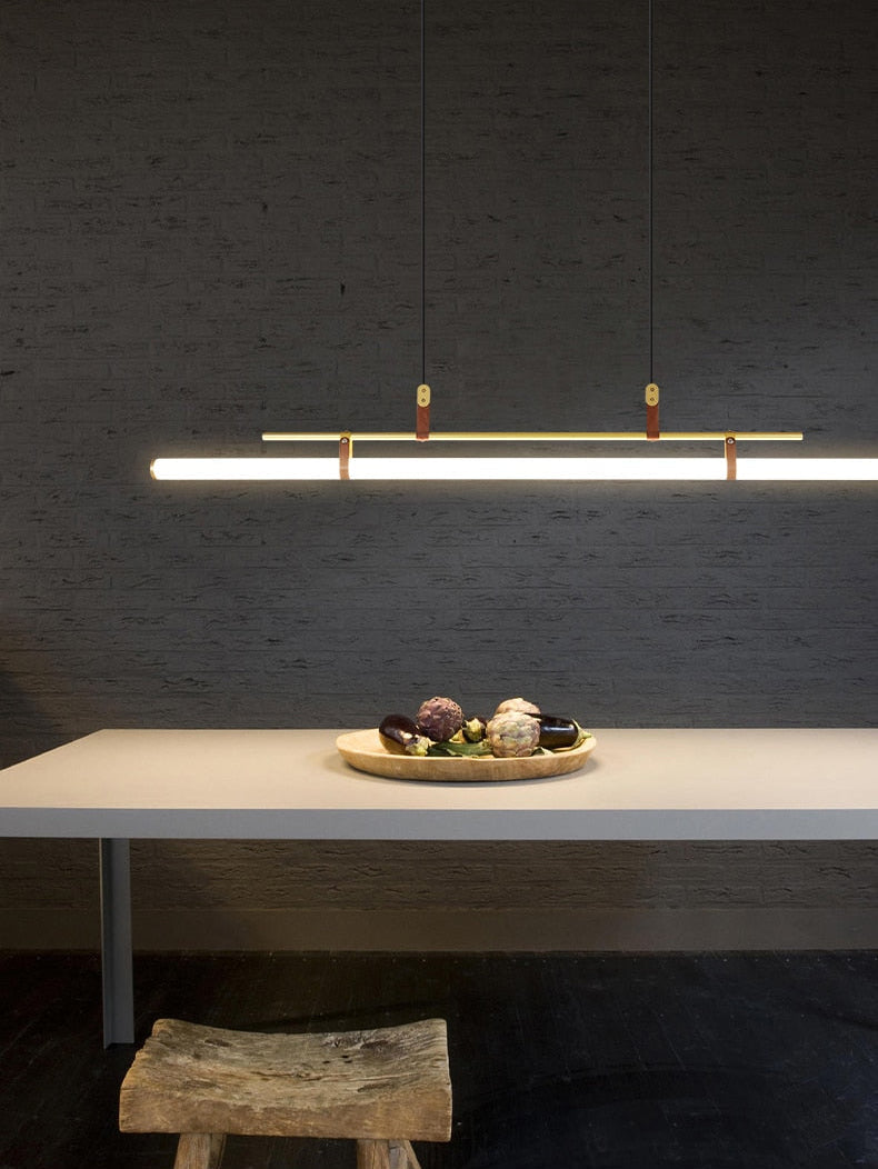 Minimalist Tube and Leather Pendant Light